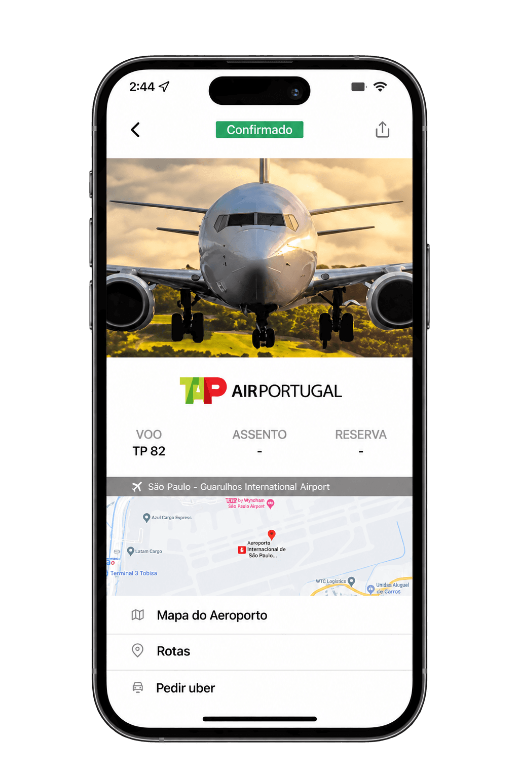 Tela de voo do App Meu Agente no iPhone, com voo TP 82 da TAP Air Portugal